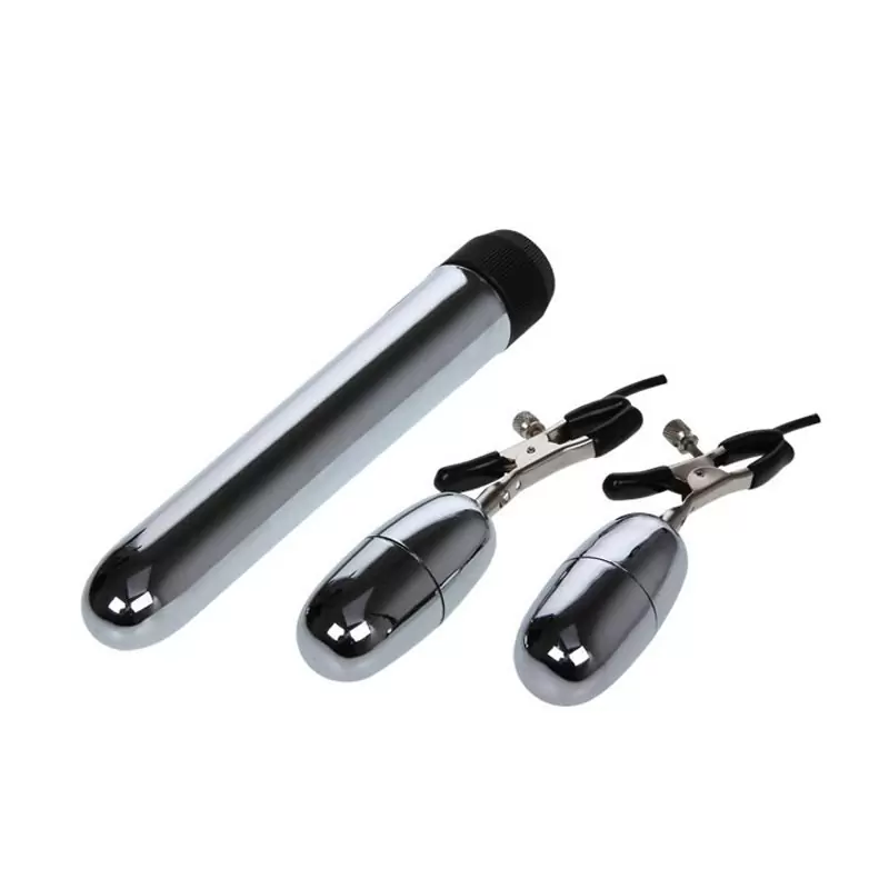 Набор для пар NippleClamps: классический вибратор и зажимы для сосков с вибрацией – серебристый с черным