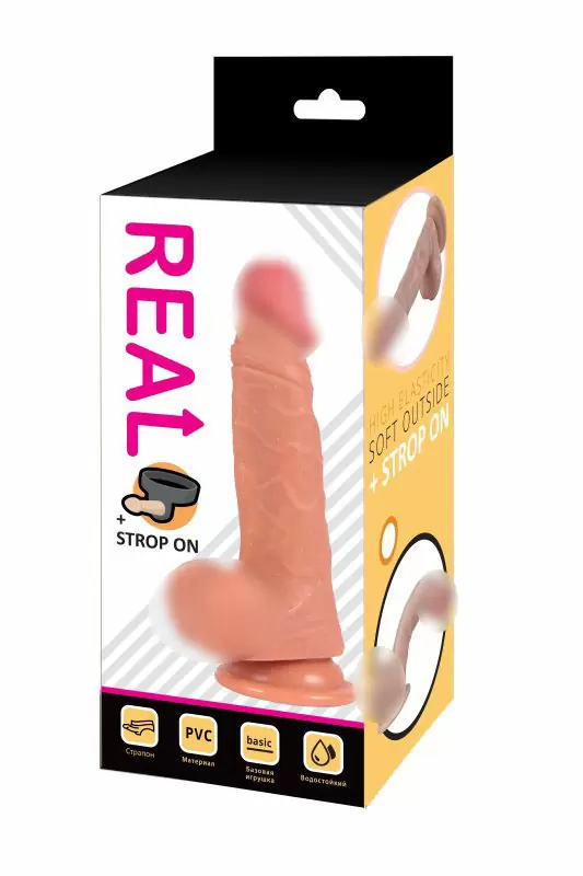 Реалистичный фаллоимитатор REAL с мошонкой на присоске и трусиками для страпона, PVC, 13x3,5 см.