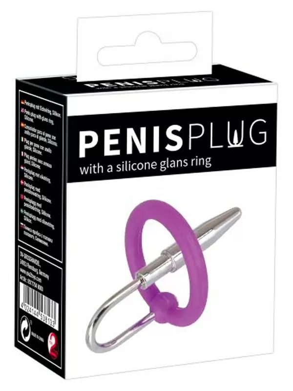 Компактный уретральный стимулятор Orion Penis Plug, с силиконовым кольцом под головку, 4,5 см, металл, серебристый с фиолетовым