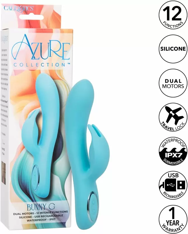 Изогнутый вибратор-кролик AZURE COLLECTION - BUNNY G, 22,8 см, силикон, голубой