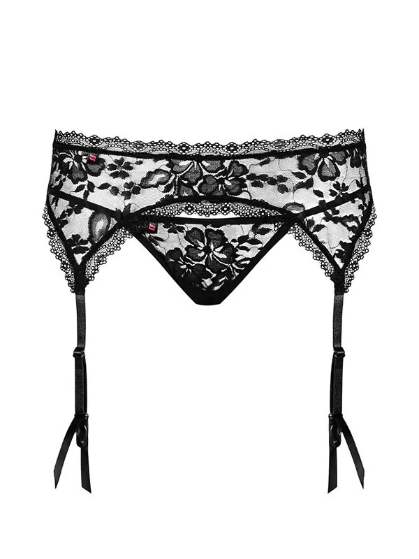 Черный кружевной пояс для чулок и стринги Catia (Obsessive) – L/XL