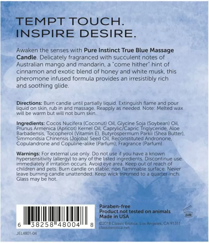 Свеча для массажа с феромонами Pure Instinct True Blue 147 г