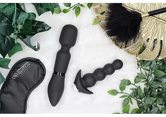 Набор для пар Shots Pleasure Kit #3 чёрный: 2 насадки, маска на глаза, пуховка