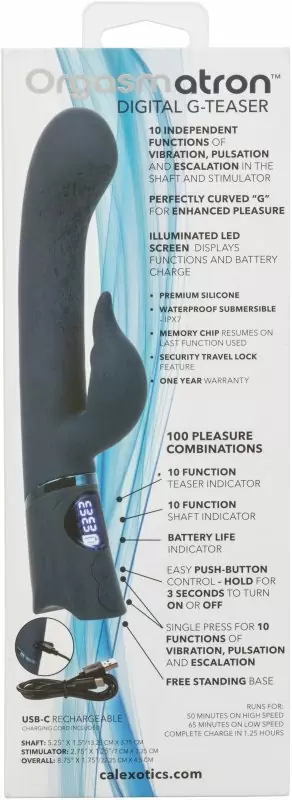 Изогнутый вибратор-кролик ORGASMATRON DIGTL G-TSR, 22.2 см, силикон, синий