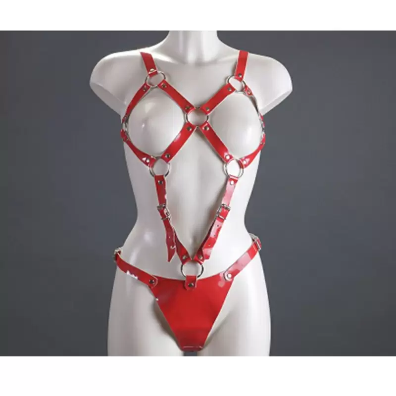 Красная сбруя Подиум из лакированной кожи - S/M