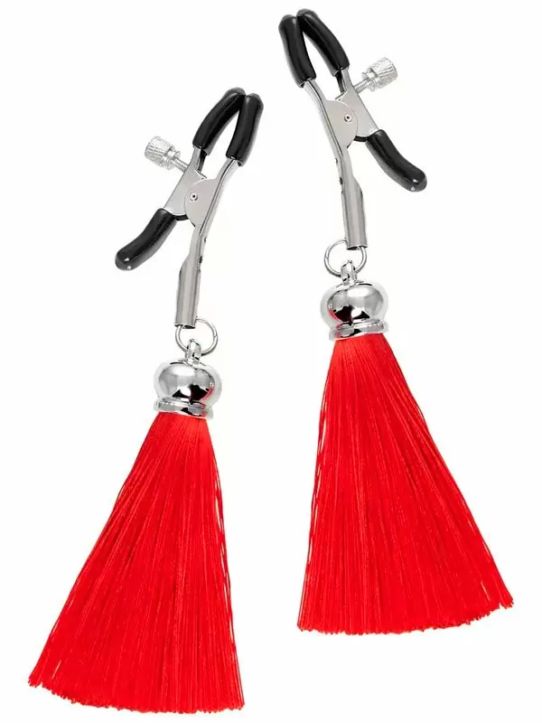 Зажимы на соски «Прищепки» Pecado BDSM — красные, с кисточками из шелка, металл