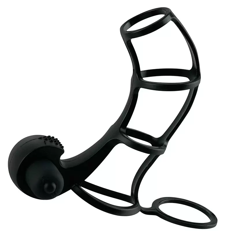 Насадка стимулирующая Beginner's Silicone Power Cage с кольцом на мошонку и вибрацией – черная