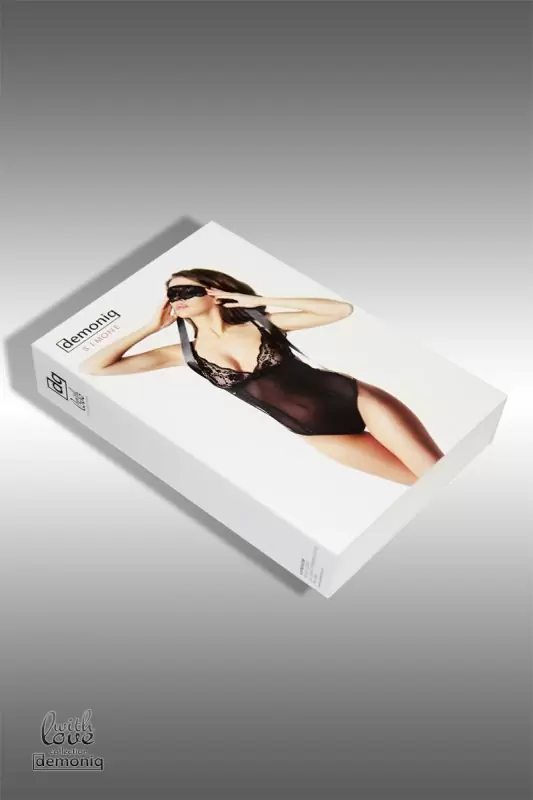 Сексапильное боди с маской для глаз и подвязкой Demoniq Simone черного цвета – M