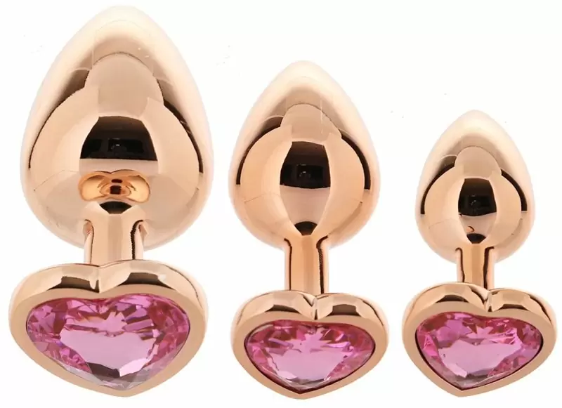 Алюминиевая анальная пробка Kanikule Pink Heart с розовым кристаллом в форме сердца, 6 см х 2,6 см, розовое золото, Small