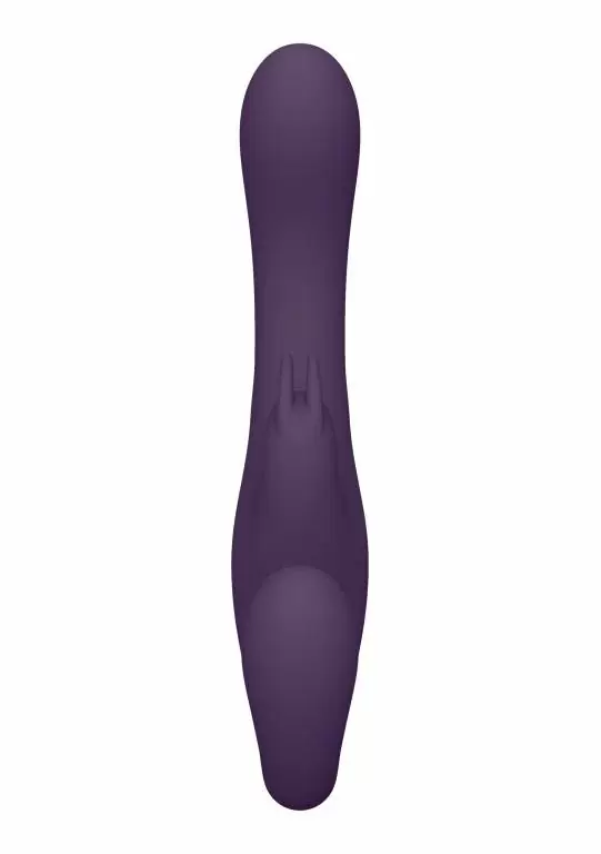 Анатомический вибрострапон Suki, 22 см, безремневой, с тремя моторами, с ушками на клиторальной части, фиолетовый