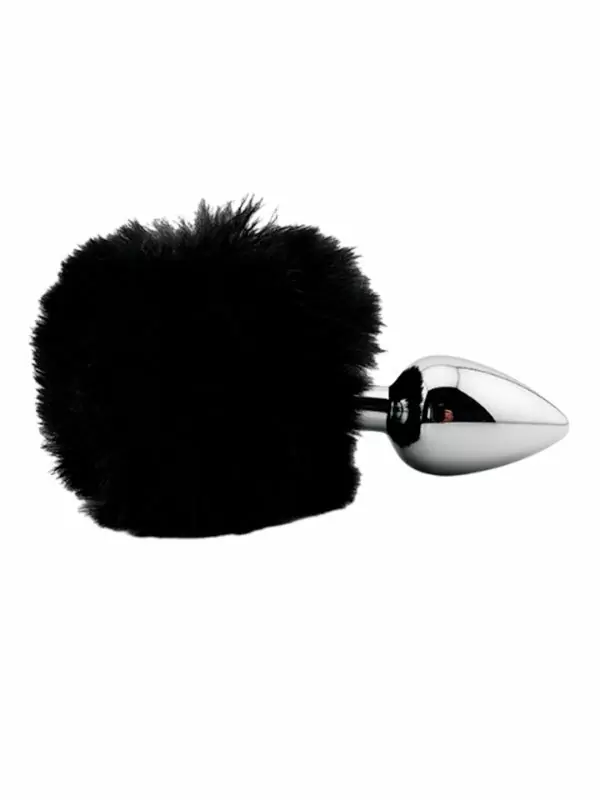 Анальная пробка Kanikule,серебристая с черным заячьим хвостиком, размер S