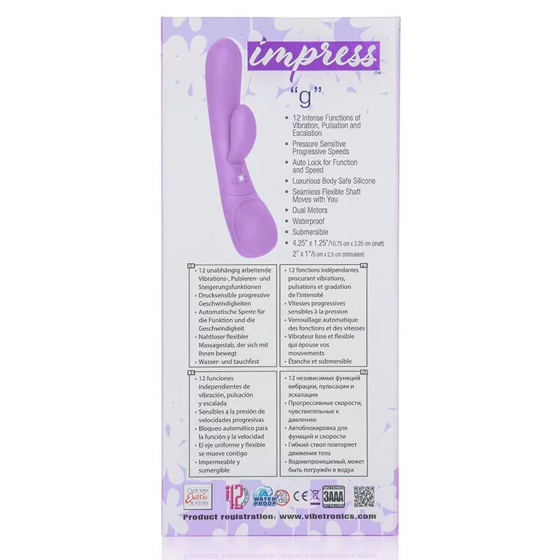 Изогнутый вибратор-кролик Impress “g”, 21 см, 12 режимов, силикон,  фиолетовый