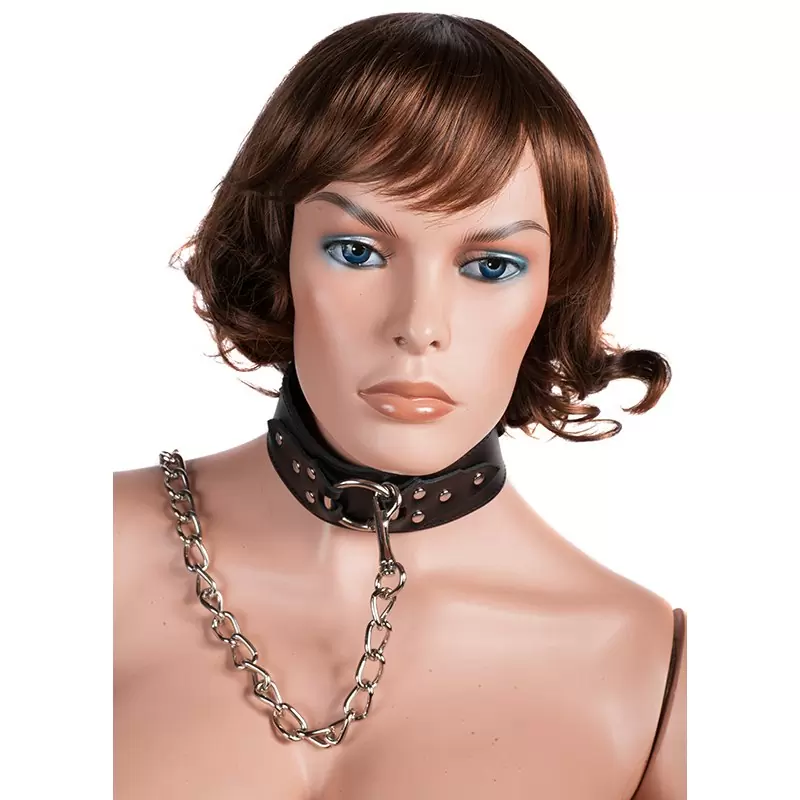 Ошейник Leather Collar кожаный с металлической цепью – черный