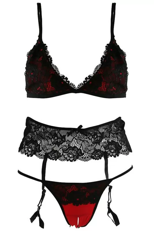 Черно-красный кружевной комплект с бюстгальтером, трусиками и поясом для чулок Baci White Label – M/L