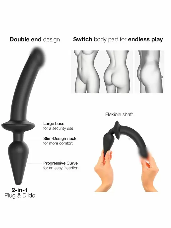 Реалистичный фаллоимитатор Strap-On-Me Switch Plug-In Semi-Realistic, двусторонний, с анальной пробкой, размер S, черный
