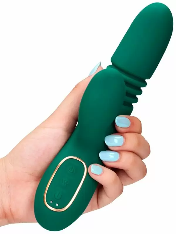 Вибратор-кролик Shots Toys Thrusting and Warming Rabbit Vibrator , 15 режимов, с функцией «поступательное движение», зелёный