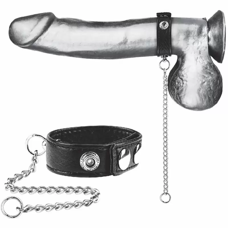 Кольцо на пенис из экокожи с поводком из металла Blueline Snap Cock Ring With 12 Leash – чёрный