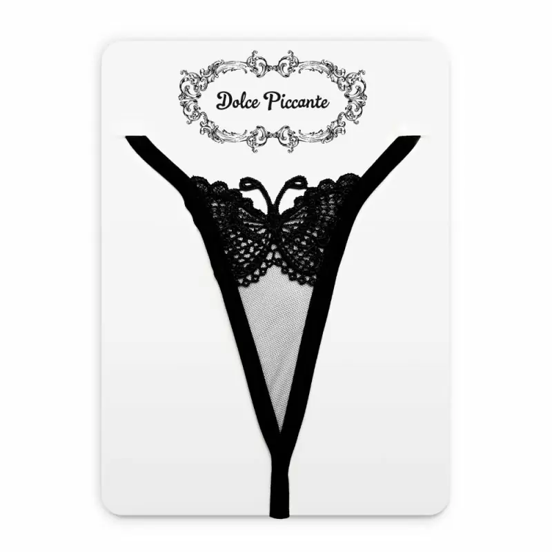 Черные кружевные стринги ручной работы Dolce Piccante Farfalla с бабочкой - M