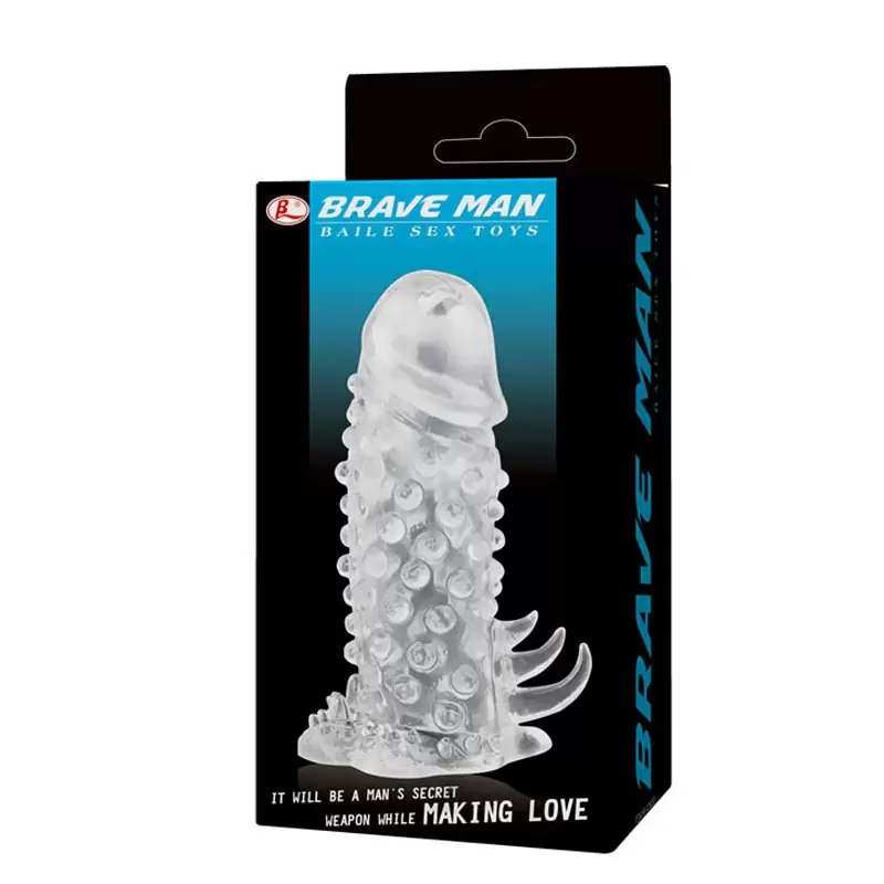 Насадка-удлинитель с закрытой головкой Brave Man с пупырышками и усиками – прозрачный