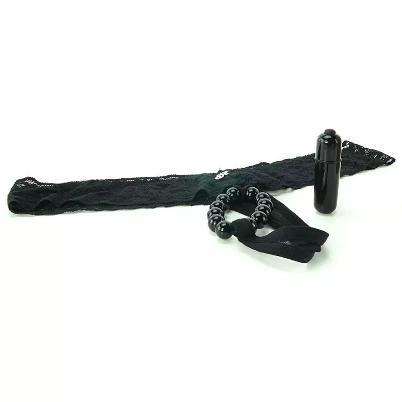 Трусики-тонг с бусинами и вибростимуляцией – черный, M/L