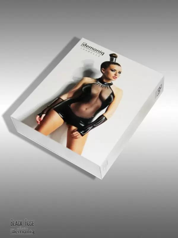 Глянцевый черный комплект из сексуального боди и перчаток Demoniq Isabelle – S/M