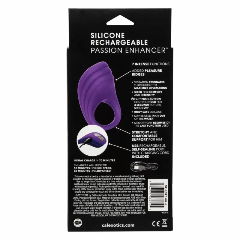 Ребристое эрекционное виброкольцо Silicone Rechargeable Passion Enhancer, 10 режимов, диаметр 2,5 см, фиолетовый