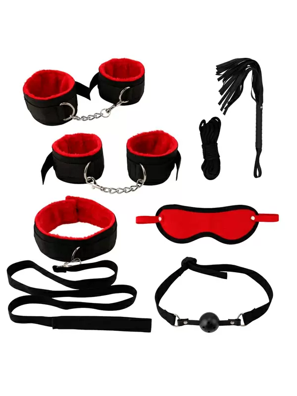 Набор для BDSM игр Jogo, с металлическими креплениями, 7 предметов, черный с красным
