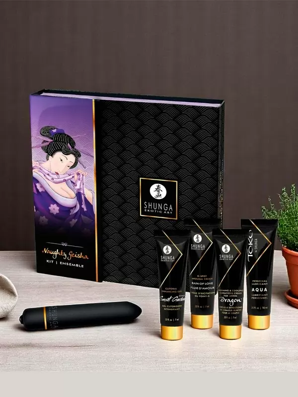 Подарочный набор Shunga Naughty Geisha, 5 предметов: возбуждающие крема, лубрикант, вибропуля 10 скоростей