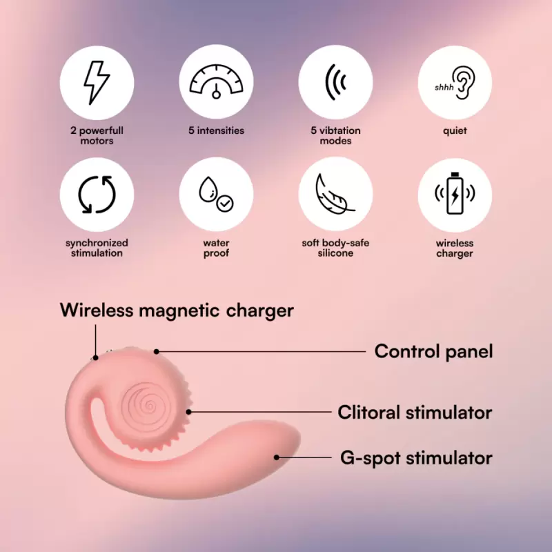 Анатомический вибратор SVibe GIZI, непрерывная стимуляция, 2 мотора, 5 режимов работы, персиковый