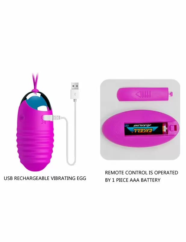 Ребристое виброяйцо PrettyLove Jessica, с пультом Д/У, 7,5 см, 12 режимов, фиолетовый