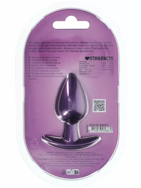 Гладкая анальная пробка Shots toys, 7,9 см, силикон, фиолетовый металлик