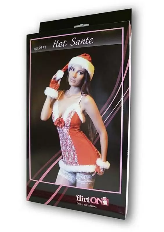 Игровой костюм Санта FlirtOn Hot Sante: платье, шапочка и перчатки – красный с белым, 46-48 р.