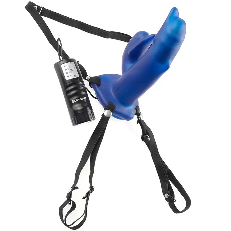 Полый страпон со стимуляторм клитора Dolphin Hollow Strap-On с вибрацией – синий