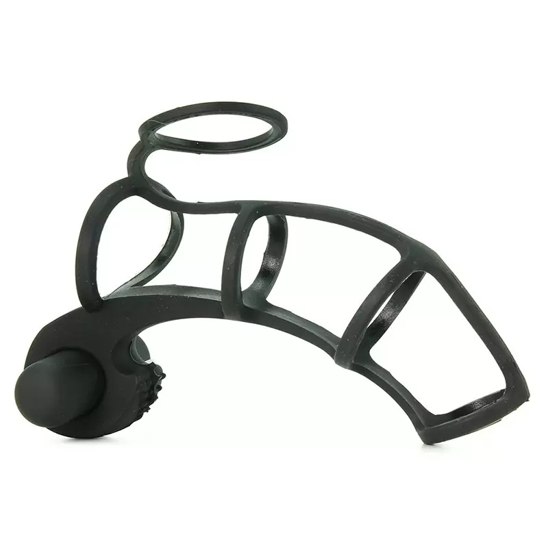 Насадка стимулирующая Beginner's Silicone Power Cage с кольцом на мошонку и вибрацией – черная