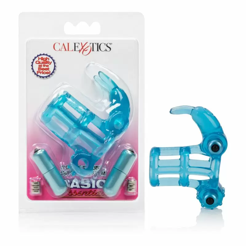 Вибронасадка на пенис Basic Essentials Double Trouble с стимулятором клитора и мошонки - голубой