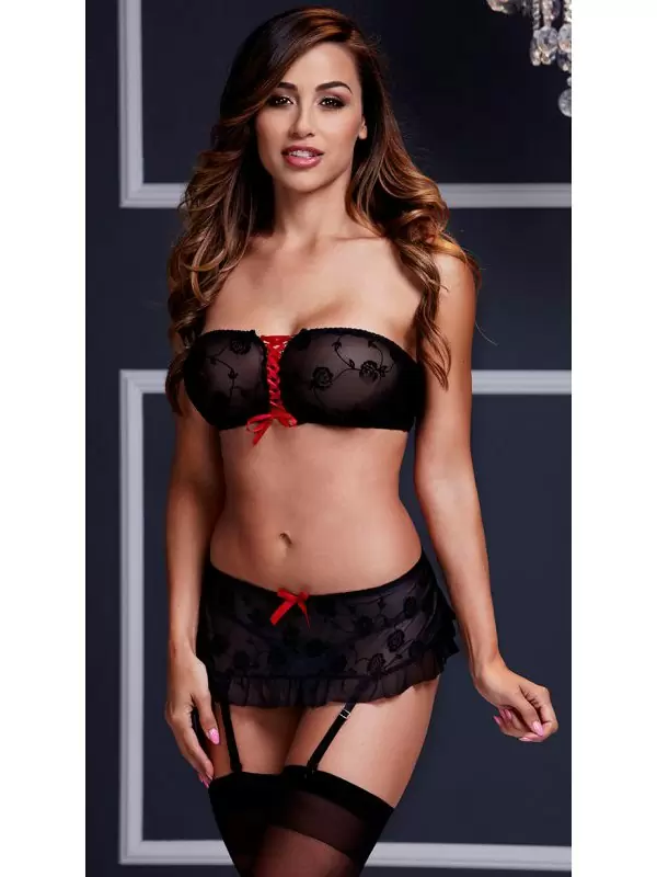 Оригинальный комплект женского белья: бюстгальтер со шнуровкой и юбочка - черный с красным