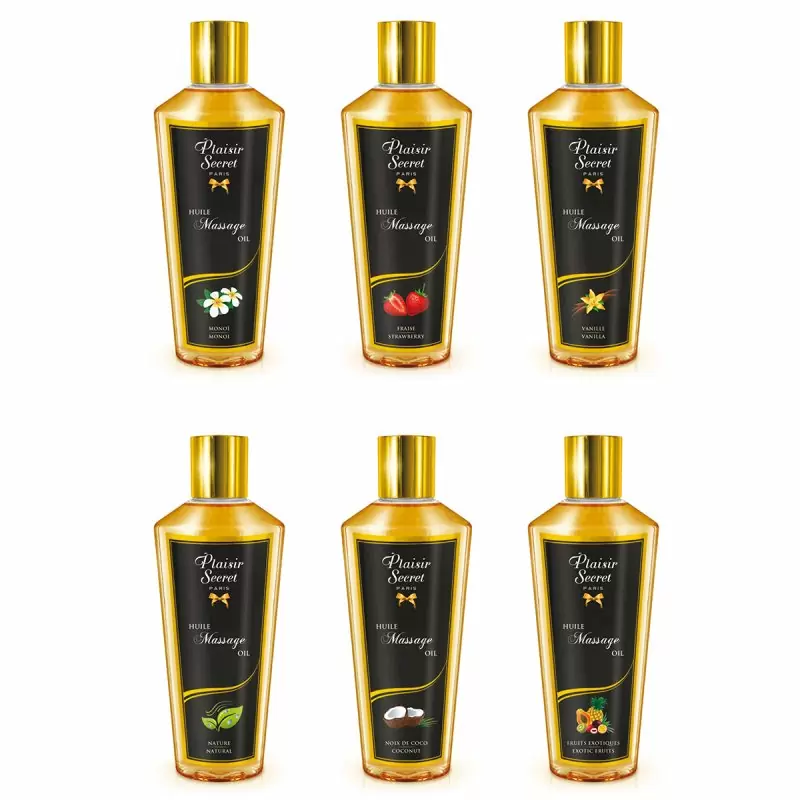 Набор французских массажных масел, 6шт по 30мл:  монои, ваниль, экзотические фрукты, кокос, клубника и натуральный.