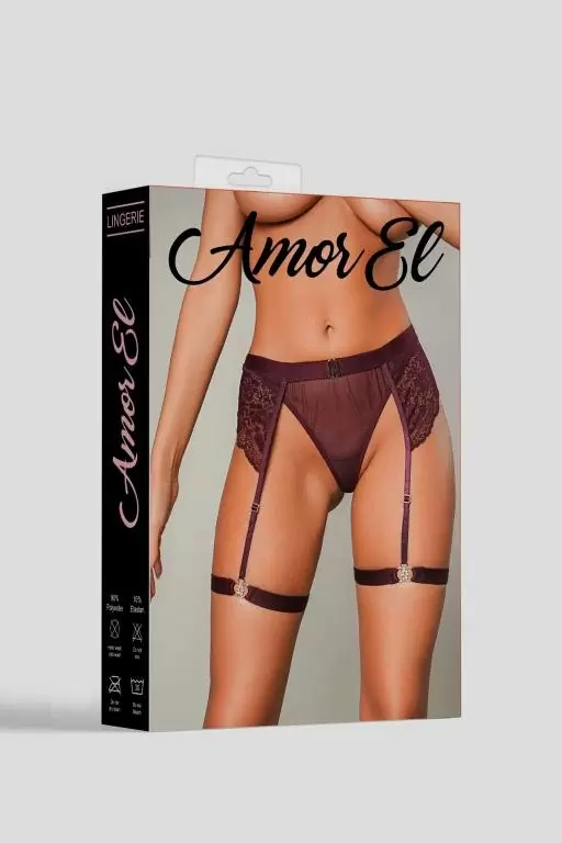 Женские трусики с поясом и гартерами, Amor El, L/XL, темные красно-пурпурные