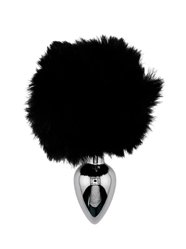 Анальная пробка Kanikule,серебристая с черным заячьим хвостиком, размер S