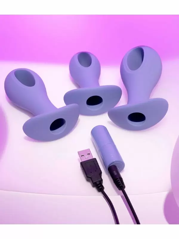 Набор анальных пробок Hole Punch Plug Set, с вибропулей, 3 размера, 10,3-11,6 см, силикон, синий